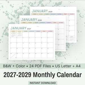 Puede incluir: Un conjunto de tres páginas de calendario mensual para enero de 2027, 2028 y 2029, con un diseño de cuadrícula y encabezados de días de la semana en colores pastel. El texto incluye B&W + Color, 24 PDF Files, US Letter + A4 y 2027-2029 Monthly Calendar.