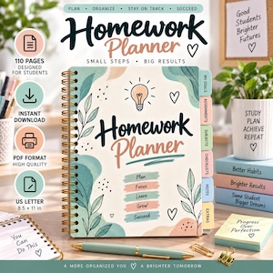 May include: A spiral-bound homework planner with a light blue and peach abstract cover featuring a lightbulb icon, leaf illustrations, and the text Homework Planner. It includes labeled tabs for goals, assignments, subjects, checklists, notes, and extras.