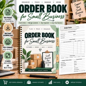 May include: A spiral-bound order book for small business with a green and cream cover featuring a potted plant, shipping boxes, and a clipboard. The cover text reads Order Book for Small Business. Includes tabs for business info, order log, customers, and notes.