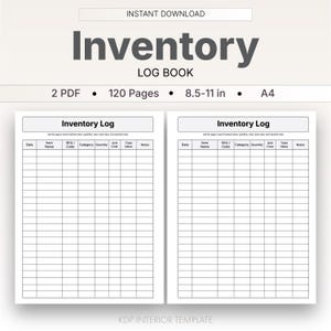 Pode incluir: Um livro de registro de inventário digital com o título "Inventory Log Book" em letras grandes cinza escuro. O livro inclui seções para nome do item, código SKU, categoria, quantidade e custo. O livro é tamanho A4 e tem 120 páginas.