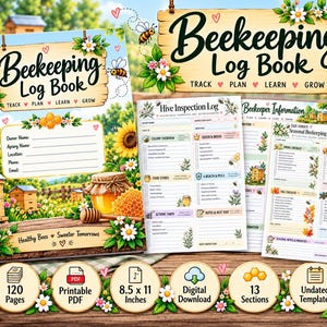 Puede incluir: Un libro de registro de apicultura con portada de girasoles, colmenas y miel, titulado Beekeeping Log Book Track Plan Learn Grow. Incluye páginas para inspecciones, listas de control estacionales e información, 21,59 x 27,94 cm.