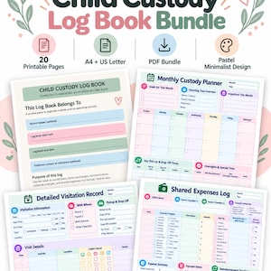 May include: A printable child custody log book bundle featuring 20 pages in A4 and US Letter sizes. The document includes a monthly custody planner, a detailed visitation record, and a shared expenses log with a pastel color scheme.