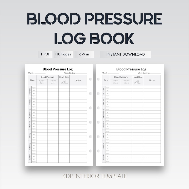 Blood Pressure Log Book Printable | BP Tracker | Daily Health Record ...