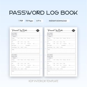 Könnte beinhalten: Ein Passwort-Logbuch mit weißem Innendesign. Der Text auf dem Cover lautet "PASSWORD LOG BOOK". Die Innenseiten haben Abschnitte für Website, Benutzername, Passwort und andere Details. Das Buch ist 15-23 cm groß und hat 110 Seiten.