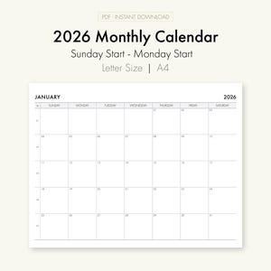 Kalendarz na rok 2026 do druku | Minimalistyczny planer miesięczny w formacie PDF | Układ jednostronicowy | Początek niedziela + poniedziałek | Format A4 i Letter | Natychmiastowe pobranie