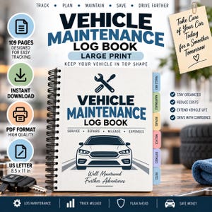 Può includere: Un registro di manutenzione veicolo a spirale con copertina bianca, illustrazione di un'auto, icona di chiave inglese e cacciavite, e il testo Vehicle Maintenance Log Book. Include schede colorate per informazioni, manutenzione, riparazioni, chilometraggio, spese e note, con 109 pagine.