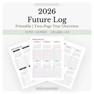 2026 Future Log Printable | Two Page Year Overview | US Letter | A4