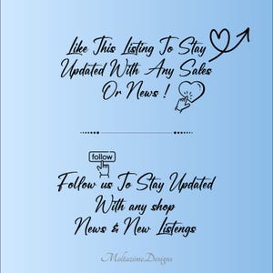 Puede incluir: Fondo degradado azul con texto negro. El texto dice: "Like This Listing To Stay Updated With Any Sales Or News!" y "Follow us To Stay Updated With any shop News & New Listings". El nombre de la tienda "Mollazime Designs" est&aacute; en la parte inferior.