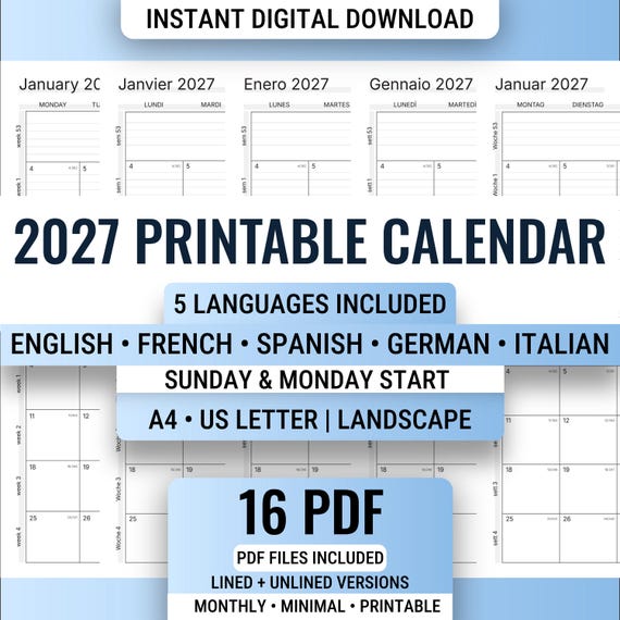 2027 Printable Calendar Bundle, 5 Languages, Sunday Monday Start, A4 US Letter, Lined and Unlined