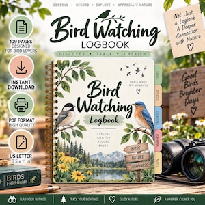 May include: A spiral-bound bird watching logbook featuring a cover illustration of two birds, a forest, mountains, and a lake. The cover includes the text Bird Watching Logbook, Small Birds Big Moments, and Explore Identify Record Enjoy. It has coloured tabs.