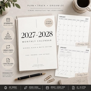 Puede incluir: Un paquete de calendario mensual 2027-2028 con un diseño minimalista en blanco y negro. El conjunto incluye páginas imprimibles con cuadrículas mensuales, un bolígrafo negro y dos clips. El texto incluye Plan, Track, Organize y 2-Year Bundle.