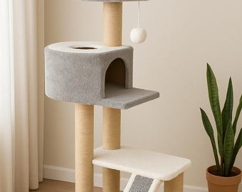 Cat Tree & House – Tall Modern Cat Tower with Bed, Scratcher, Furniture, Cat Climbing Condo, Tree for Large Cats, Custom Cat Gift
