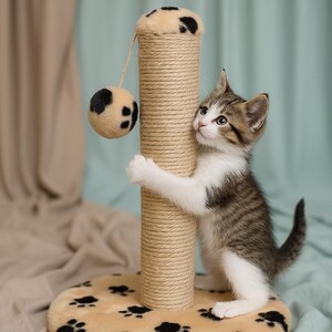 Tiragraffi moderno per gatti con giocattolo – Tiragraffi e arrampicata in iuta e sisal, mobile verticale per gatti, regalo per gatti, regalo personalizzato fatto a mano