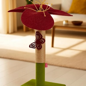Handmade Cat Scratcher & Toy – Jute Tall Cat Scratching Post, Modern Vertical Cat Scratch Post, Climbing Cat Furniture, Gift for Cats