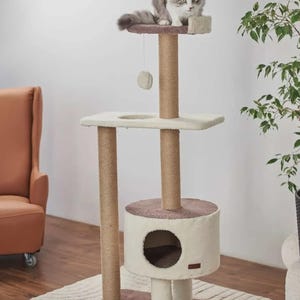 Modernt högt klösträd och torn med hus, säng och klösträd – Handgjorda kattmöbler, kattboende med klösträd och hyllor, kattpresenter