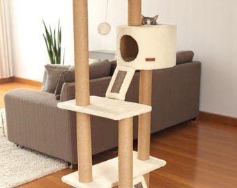 Cat Tree & House – Tall Modern Cat Tower with Bed, Scratcher, Furniture, Perch, Cat Climbing Condo, Tree for Large Cats, Custom Cat Gift