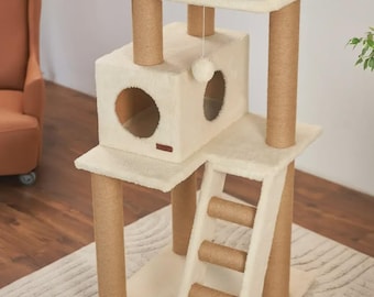 Modern Cat Tree & Tower with House, Bed and Scratchers – Handmade Cat Furniture, Cat Condo with Scratching Posts, Shelves, Ladder and Toy
