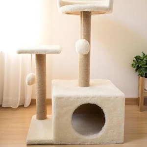 Cat Tree Tower with Scratcher – Small Modern Cat House, Cat Furniture, Cat Condo, Cat Bed, Cat Scratching Post, Cat Toys, Custom Cat Gift