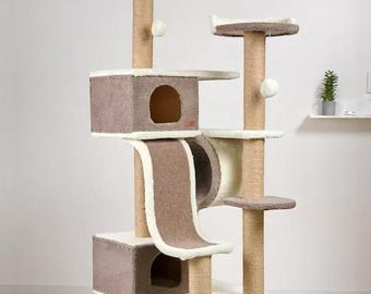 Handmade Tall Cat Tree & Tower with House, Scratcher and Shelves – Modern Cat Furniture, Cat Condo with Scratching Post and Stairs, Cat Gift