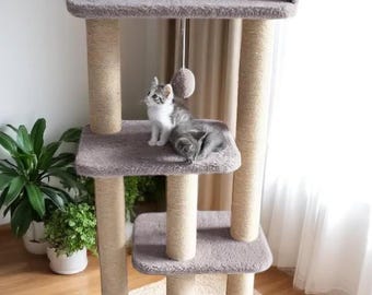 Modern Cat Tree & Tower with Scratchers, Shelves and Bed – Handmade Cat Furniture, Cat Condo with Scratching Posts and Toy, Cat Gifts
