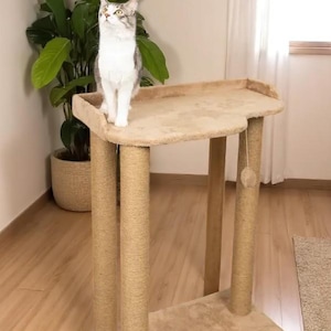 Modern Cat Scratcher Tower with Perch – Vertical Jute Sisal Cat Scratching Post & Tree, Cat Toy Furniture, Handmade Custom Cat Gift