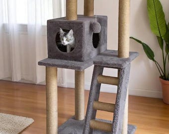 Handmade Cat Tree & Tower with House, Scratchers and Bed – Modern Cat Furniture, Cat Condo with Scratching Posts, Shelves, Ladder and Toy