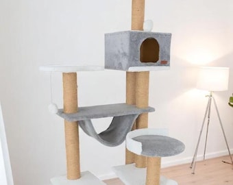 Cat Tree & Hammock – Tall Modern Cat Tower, House, Bed, Scratcher, Furniture, Cat Climbing Condo, Tree for Large Cats, Custom Cat Gift