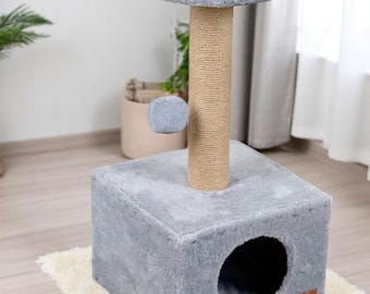 Handmade Cat Tree & Tower with House, Scratcher and Bed – Modern Cat Furniture, Cat Condo with Scratching Post, Cat Perch and Toy, Cat Gift