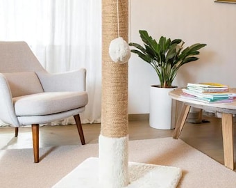 Modern Cat Scratcher – Vertical Jute Scratching Post & Tower for Cats, Handmade Cat Scratch Post, Cat Furniture with Toy, Custom Cat Gift