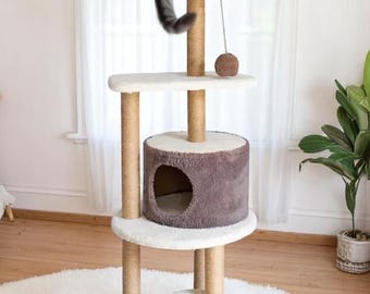 Modern Cat Tower & Tree with House, Scratchers and Shelves – Handmade Cat Furniture, Cat Condo with Scratching Posts, Bed and Toy, Cat Gifts