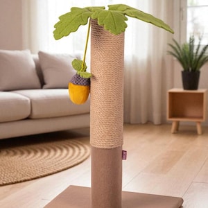 Handmade Cat Scratcher & Toy – Modern Jute Cat Scratching Post, Vertical Cat Scratch Post, Cat Climbing Furniture with toys, Gift for Cats