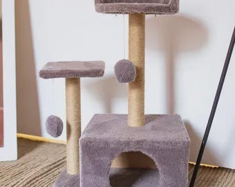 Modern Cat Tree & Tower with House, Bed and Scratchers – Handmade Cat Furniture, Cat Condo with Scratching Posts, Shelves and Toys, Cat Gift