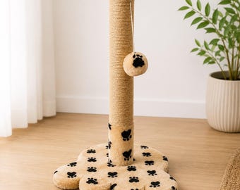 Handmade Jute Cat Scratcher & Tower – Cat Scratching Post with Toy, Modern Cat Furniture, Stylish Cat Scratcher Pole, Custom Cat Gift