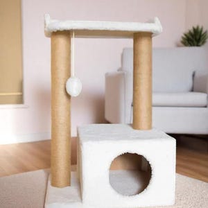 Cat Tree Tower with House – Cat Scratcher, Cat Furniture, Modern Cat Condo, Cat Bed, Climbing Tree, Scratching Post, Toys, Custom Cat Gift