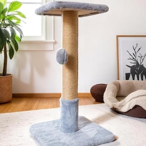 Modern Cat Scratcher with Perch – Vertical Jute Scratching Post & Toy, Cat Scratch Tower, Cat Climbing Furniture, Handmade Custom Cat Gift