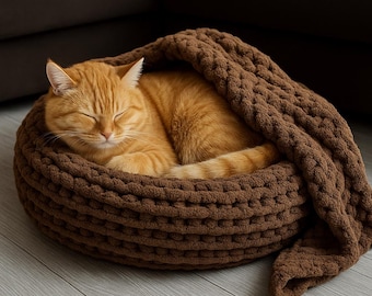 Cama tejida a mano para perros y gatos: acogedora cama de crochet para gatos, redonda para perros pequeños, cama lavable de lujo para mascotas, moderno regalo de felpa para perros y gatos.