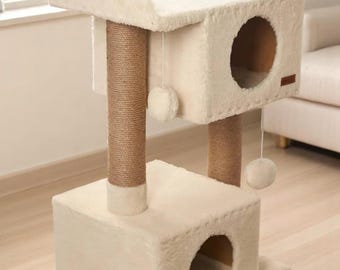 Handmade Cat Tree & Tower with House, Scratcher and Bed – Modern Cat Furniture, Cat Condo with Scratching Posts, Shelves and Toys, Cat Gifts