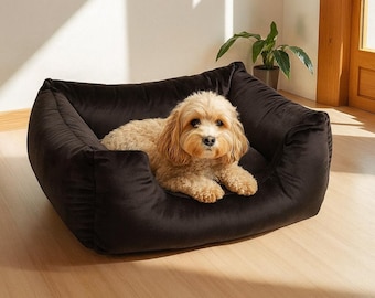Puede incluir: Un perro pequeño, de color marrón claro, descansa en una cama para perros de felpa, de color marrón oscuro. La cama tiene forma cuadrada con los lados elevados, proporcionando un espacio acogedor y seguro. El perro mira directamente a la cámara, en una postura relajada. La cama está sobre un suelo de madera clara.