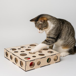 Handmade Wooden Cat Box Toy – Interactive Eco-Friendly Enrichment Cat Puzzle Toy with Balls, Indoor Wood Cat Toy, Unique Gift for Cats