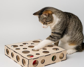 Handmade Wooden Cat Box Toy – Interactive Eco-Friendly Enrichment Cat Puzzle Toy with Balls, Indoor Wood Cat Toy, Unique Gift for Cats