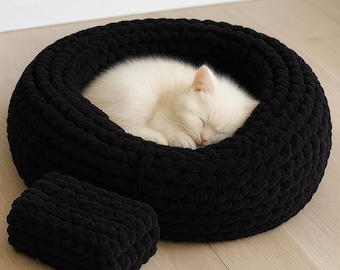 Cama tejida a mano para perros y gatos: acogedora cama de crochet para gatos, redonda para perros pequeños, de lujo, lavable, regalo moderno y suave para perros y gatos.