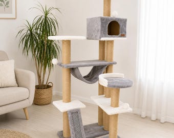 Moderne hoge krabpaal en toren met huisje, krabpaal en bed – Handgemaakte kattenmeubels, kattenappartement met planken, krabpalen en hangmat