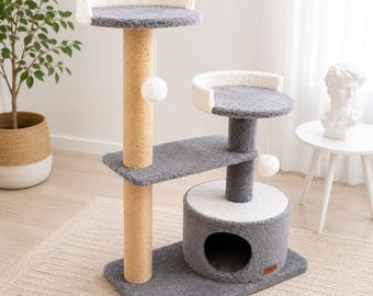 Modern Cat Tree & Tower with House, Bed and Scratchers – Handmade Cat Furniture, Cat Condo with Shelves, Scratching Post and Toys, Cat Gift