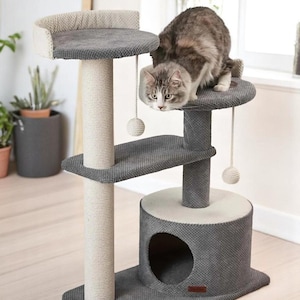 Cat Tree Tower with House – Cat Scratcher, Cat Furniture, Modern Cat Condo, Cat Bed, Climbing Tree, Scratching Post, Toys, Custom Cat Gift