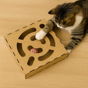 Handmade Wooden Cat Box Toy – Interactive Eco-Friendly Enrichment Cat Puzzle Toy with Balls, Indoor Wood Cat Toy, Unique Gift for Cats