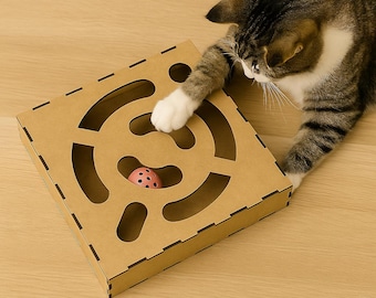 Handmade Wooden Cat Box Toy – Interactive Eco-Friendly Enrichment Cat Puzzle Toy with Balls, Indoor Wood Cat Toy, Unique Gift for Cats