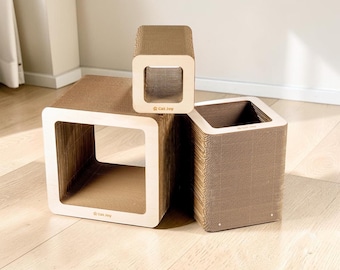 Modern Cat Scratcher House Cube – Wooden Cat Condo & Cat Bed, Cardboard Cat Scratching Board, Cat Furniture, Handmade Cat Lounger, Cat Gifts