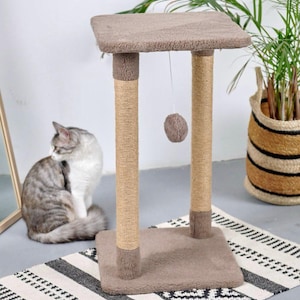Modern Cat Scratcher with Toy – Jute Sisal Scratching Post & Perch, Cat Tree Tower Furniture, Cat Climbing Post, Handmade Custom Cat Gift