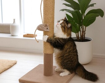 Modern Cat Scratcher with Toy – Tall Jute Scratching Post, Vertical Cat Scratch Post & Pole, Handmade Cat Climbing Furniture, Gift for Cats