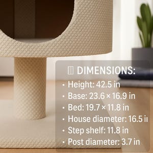 May include: Beige cat tree with multiple levels and a textured surface. The dimensions are listed as: Height 108 cm, Base 60 x 43 cm, Bed 50 x 30 cm, House diameter 42 cm, Step shelf 30 cm, Post diameter 9 cm.